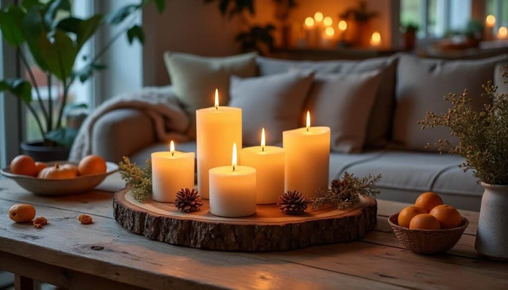 Installer un centrepiece avec des bougies pour une ambiance cosy dans le salon